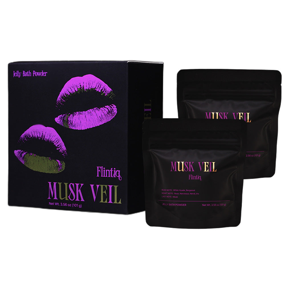 Black packaging with purple text and lip design for 'Musk Veil' by Flintiq on a white background.